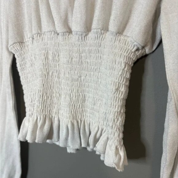 Revamped size M Women's White Smocked Top, long sleeve, ruched waist - Picture 6 of 7